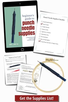 the beginner's guide to punch needle supplies is displayed on a tablet screen