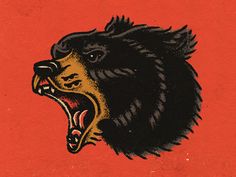 a black bear with its mouth open on a red background