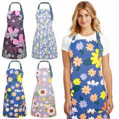 three aprons with different styles of flowers on them, one is blue and the other has