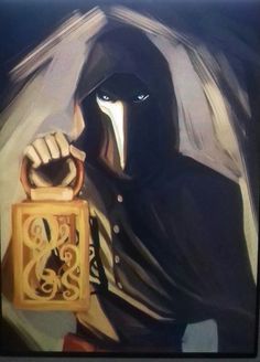 a painting of a person with a bag in front of them, wearing a black hooded jacket