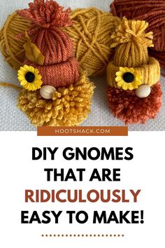 DIY Gnomes that are ridiculously easy to make with yarn.  The are DIY fall crafts to make featuring gnomes in fall colors.  Miniature gnome ornaments for gnome garlands or other decorative gnome ideas. Diy Fall Gnome, Yarn Gnomes, Gnome Craft, Diy Gnome, Fall Decor Diy Crafts, Fall Gnome, Gnomes Diy, Pom Pom Crafts, Diy Gnomes