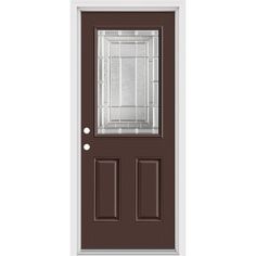 a brown door with glass panels on the top and bottom panel, against a white background