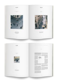 three open books with photographs on them and one showing people walking down the street from above