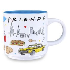 a coffee mug with the words friends written on it and pictures of cars, hamburgers, hotdogs, and more