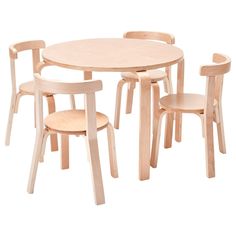 a wooden table and four chairs with one kid's chair on the other side