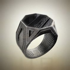 Futuristic Dystopian Men's Ring with Crisp-Edge Black Onyx Octagon Shape, Handmade and Oxidized Finish Creative Rings Unique, Unique Metal Jewelry, Biker Rings Mens, Onyx Ring Men, Unique Mens Rings, Mens Rings Fashion, Men Rings, Signet Ring Men, Octagon Shape