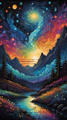 a painting of the night sky with stars and planets in it, as well as mountains