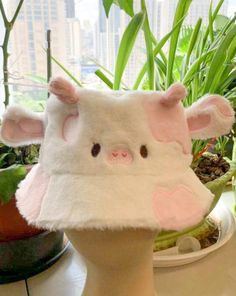 "♡ Faux Fur Bucket Hat  ♡ ♡ 22.1\" Circumference ♡ ♡ Little tail on the back  ♡" Cow Clothes, Cow Bucket Hat, Blueberry Cow, Cute Bucket Hats, Bucket Hat With String, Kawaii Hat, Cow Hat, Fur Bucket, Faux Fur Bucket Hat