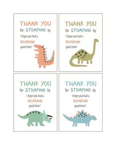 four dinosaur thank cards with the words thank you for stomping by, i hope you