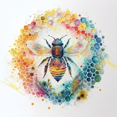 a painting of a bee surrounded by honeycombs and flowers on a white background