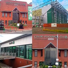 four different pictures of the exterior of celtic football club in dublin, including an old building and new stadium