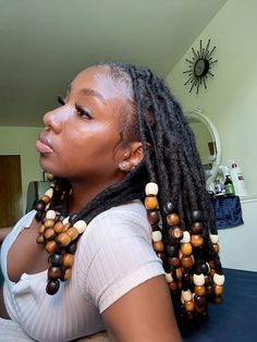 Beads In Locs Hairstyles, Beads On Locs Styles, Loc With Beads, Loc Styles With Beads, Beads On Locs, Medium Length Loc Styles, Dreads With Beads, Locs With Beads