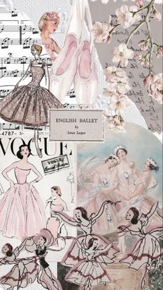 a collage of vintage fashion images with pink and white flowers on the bottom, an illustration of women in dresses