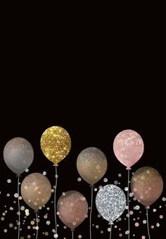 some balloons and confetti on a black background with gold, silver and pink