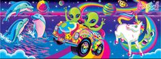 an image of some animals riding in a car with rainbows and dolphins on it