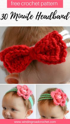 the crochet headband is made with yarn and has flowers on it, as well