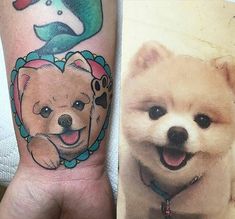 two pictures of dogs on the wrist and one with a dog's face in a heart