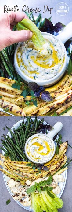 two plates with asparagus and dips on them, one has green beans