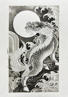 a black and white drawing of a dragon on the water with waves in front of it