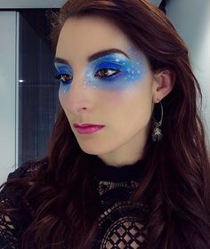 Starry night night sky makeup Blue Celestial Makeup, Blue Costume Makeup, Colorguard Makeup Color Guard, Starry Costume, Starry Night Makeup Look, Night Sky Costume, Night Sky Makeup, Colorguard Makeup, Starry Night Makeup