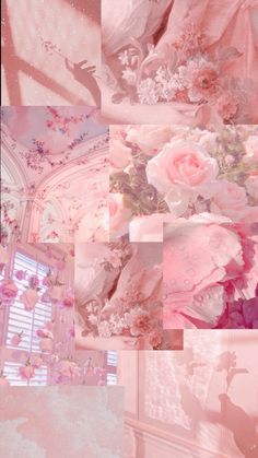 a collage of pink and white images with flowers on them, including roses in the background