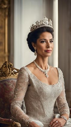 a woman wearing a tiara sitting in a chair with her hands on her hips