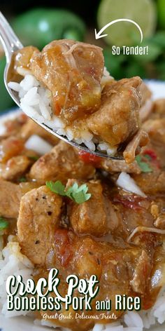 a close up of a spoon with food on top of rice and broccoli