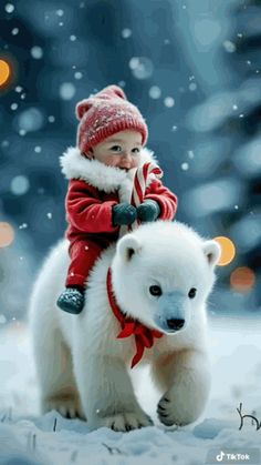 a baby is sitting on top of a polar bear in the snow while wearing a santa hat