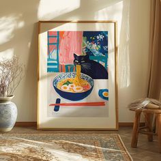 a painting of a cat eating noodles in a bowl with chopsticks on the floor