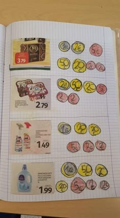 an open notebook with stickers and numbers on it