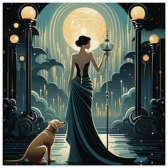 a woman in a blue dress standing next to a dog and holding a lantern at night