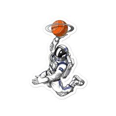 an astronaut is holding a basketball above his head and jumping in the air to catch it