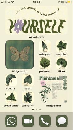 an iphone screen with the words and pictures on it, including flowers, leaves, and butterflies