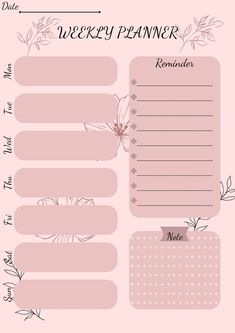 a pink planner with flowers on it and the words weekly planner written in black ink