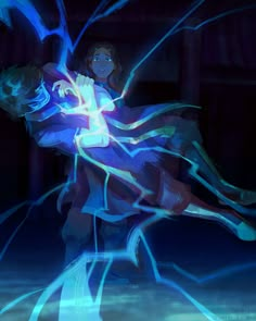 two people are dancing in the dark with their arms around each other and glowing blue lights