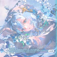 an anime character with blue hair and flowers on her head, in front of a sky background