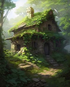 an old house in the woods with ivy growing on it's roof and stairs