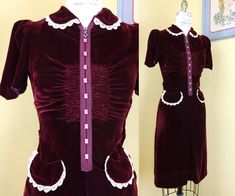 "vintage 1930s dress, featuring the rarest of rare zipper fronts. the fastener has bakelite squares topped with rhinestones, which slide down the front with a deco rhinestone pull. ➡ dark wine-hued silk velvet  ➡ pert puffed sleeves with pointed cuffs (backed with stiff header fabric to ensure the silhouette) ➡ peter pan collar + faux hip pockets are trimmed with white cotton lace ➡ a wide band of shirring finishes the bust, creating amazing drape  ➡ attached belt snaps in the back  ➡ side metal zipper closure  label: none present material: silk velvet garment is shown unpinned on my 34\"/25\"/36\" form, for reference. this was a little snug in the hips, though. bust: 34\" waist: 26\" (snaps could be moved to belt smaller as well)  hips: 36\" length: 40\" shoulder to waist: 15\" condition: Velvet Garment, Thirties Fashion, Velvet Puff Sleeve, 40s Outfits, Vintage 1930s Dress, 30s Dress, 1930's Fashion, 1930s Dress, Vintage Gowns