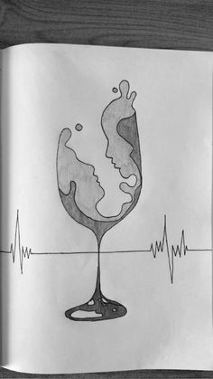 a drawing of a wine glass with a woman's face on it and heartbeats