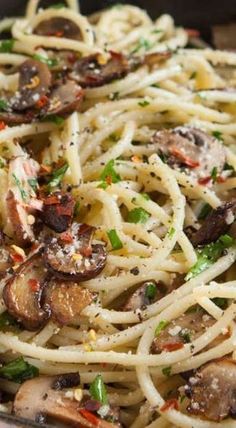 pasta with mushrooms and green peppers in a pan