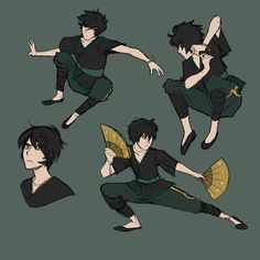 various poses of a man with black hair and green pants, holding a fan in his hand