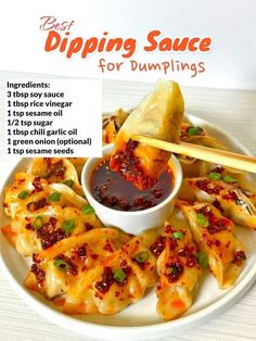 an advertisement for dipping sauce for dumplings on a plate