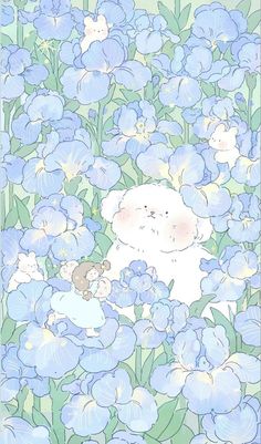 a drawing of a teddy bear surrounded by blue flowers