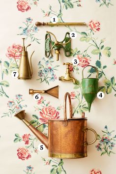 an old watering can is surrounded by garden tools and flowers on a floral wallpaper