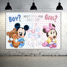 a mickey mouse and minnie mouse poster hanging on a brick wall next to two lamps