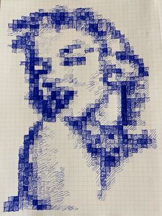 a drawing of a man's face in blue squares