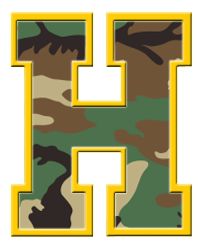 the letter h is made up of camo and yellow letters, which are also in different colors