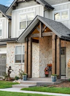 The soothing exterior of this mountain, Craftsman home plan features a blend of shakes and stone. Decorated gables and a 2-car garage with matching 9' by 8' garage doors complete the façade . The front porch welcomes you inside, where clean views into the great room and beyond to the covered patio are presented straight away. Minimal walls create an open-concept layout, anchored by a large kitchen island. Across the hall, discover a walk-in pantry, while a quiet study is located through french d Front Gable Porch Entrance, Upstairs Deck, Craftsman House Exterior, Exterior Columns, Two Master Suites, Mountain Craftsman, Balcony Flooring, Front Elevation Designs, Open Concept Layout