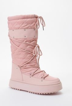 Material: Nylon Platform Height: 2.0" Shaft Height: 12.0" Closure: Adjustable Laces Imported Pink White Outfit, Pink Winter Boots, Fashion Shoes Boots, Pink Winter, Cold Weather Boots, Cute Dress Outfits, Winter Fit, Hype Shoes, Pretty Shoes