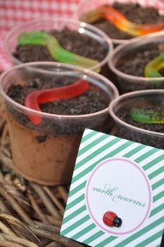 there are many small pots with plants in them on the table and one has a card